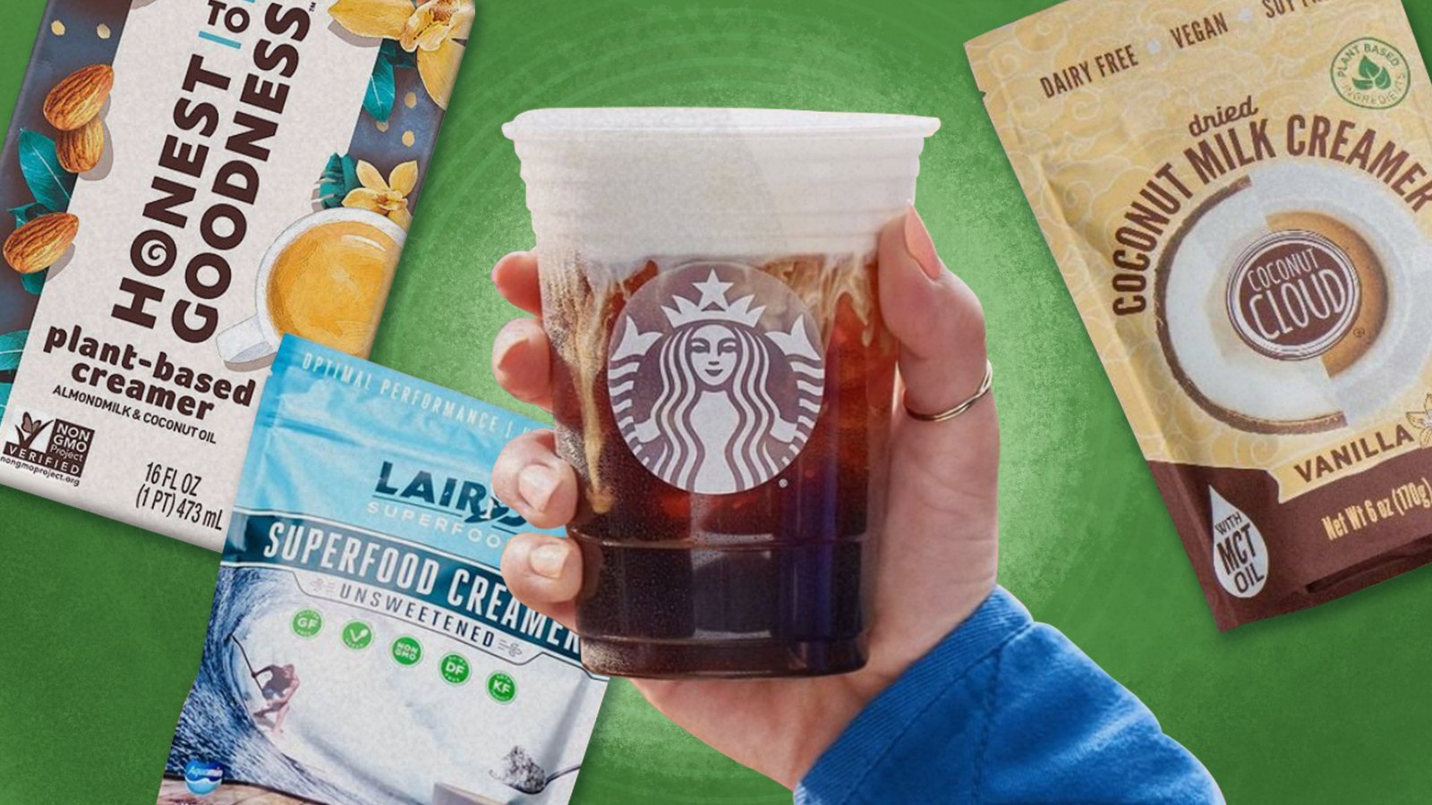 various vegan non-dairy creamers behind a Starbucks coffee cup on a green backdrop