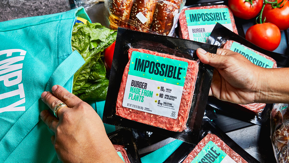 Impossible beef burger, made with vegan ingredients by plant-based meat brand Impossible Foods