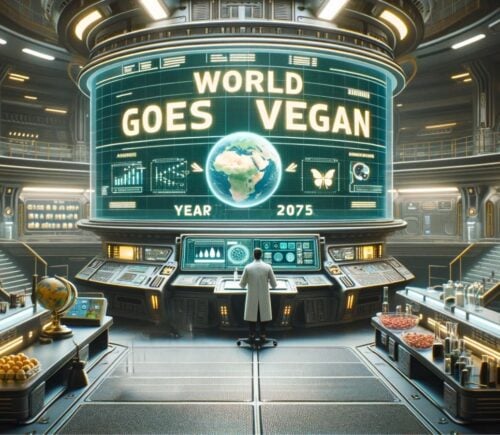 An AI-generated image depicting a scientist next to a screen with the words "World Goes Vegan