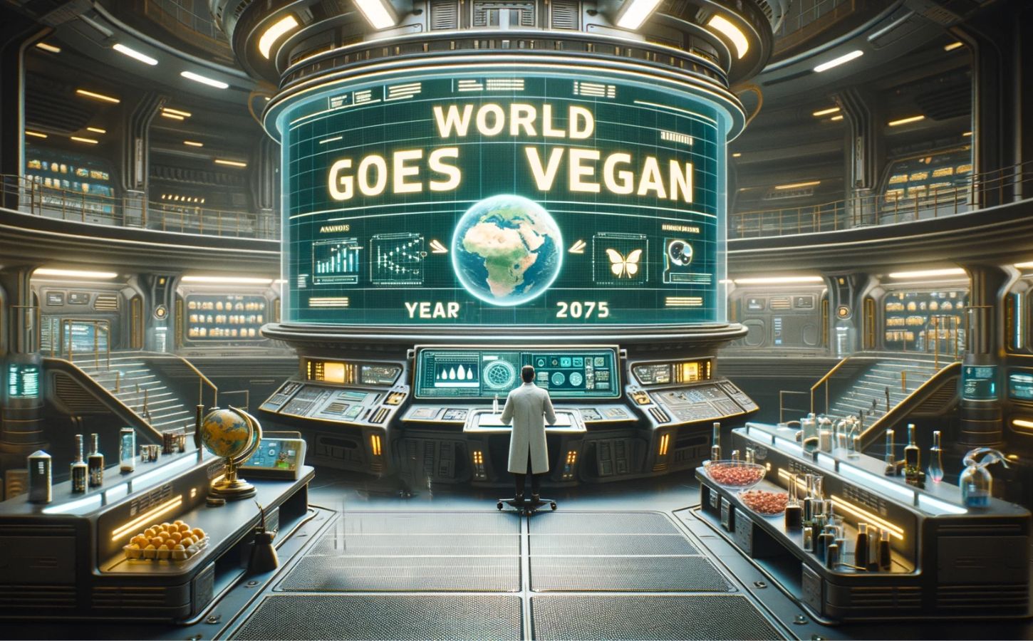 An AI-generated image depicting a scientist next to a screen with the words "World Goes Vegan