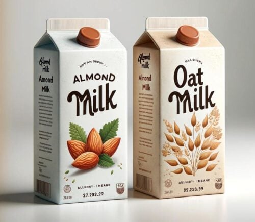 An AI-generated image of two cartons: oat milk and almond milk