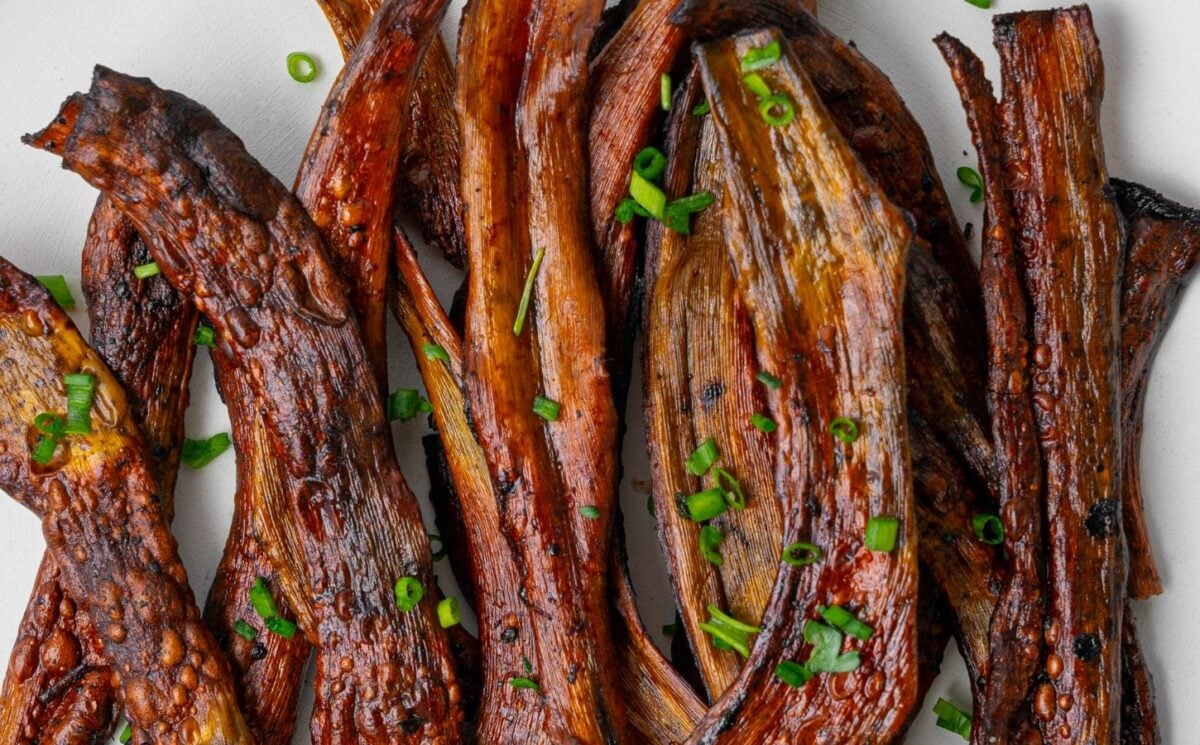 plant-based vegan bacon made out of banana peels and marinated