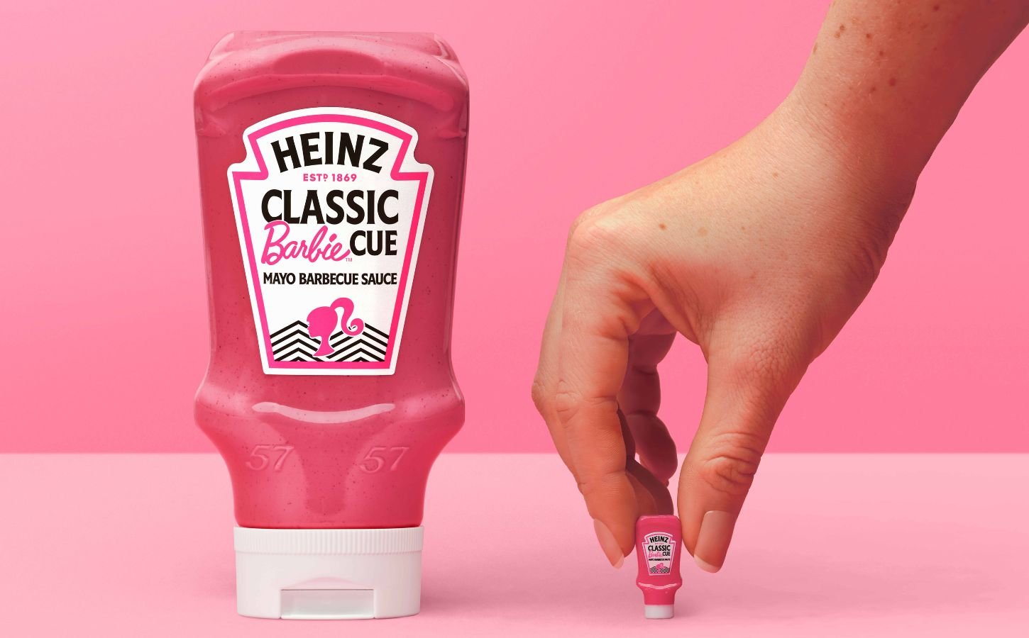 A bottle of pink "Barbiecue sace" - a new vegan mayo from Heinz