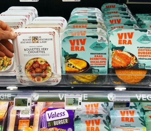 Vegan and vegetarian product on a shelf in a supermarket in Belgium