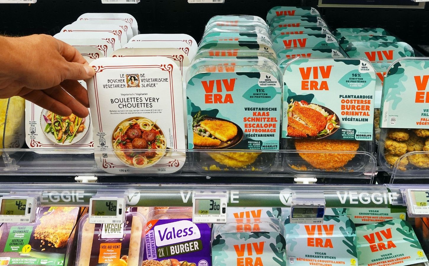 Vegan and vegetarian product on a shelf in a supermarket in Belgium