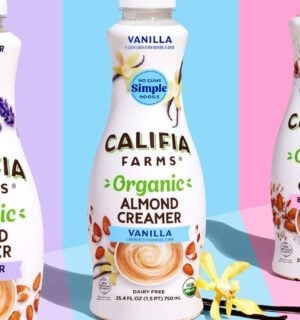 Triptych image made with photos of each new Califia Farms organic plant-based creamer. From left to right, Lavender, Vanilla, and Brown Sugar.