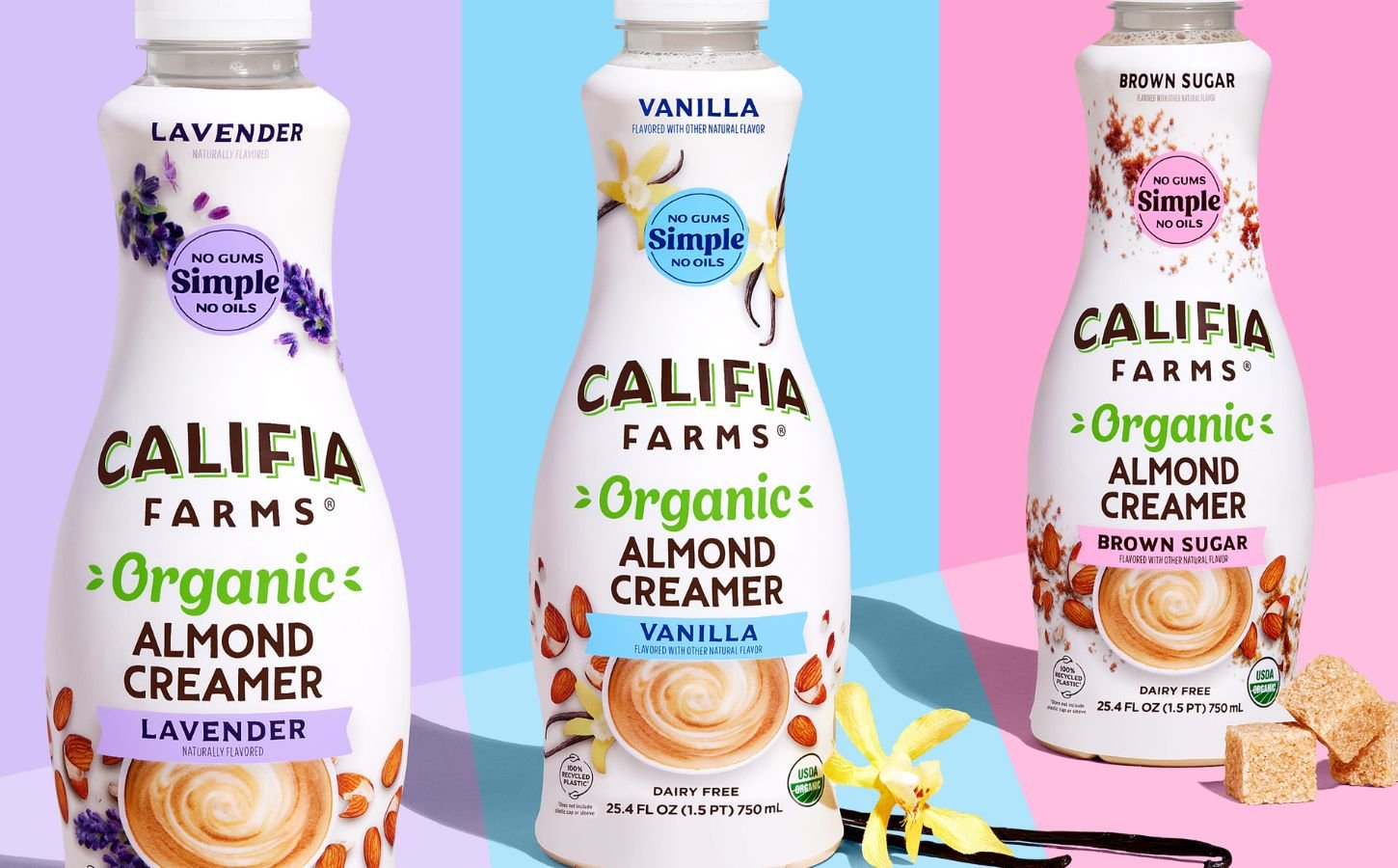 Triptych image made with photos of each new Califia Farms organic plant-based creamer. From left to right, Lavender, Vanilla, and Brown Sugar.