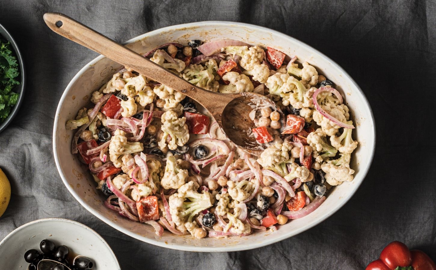 A vegan cauliflower casserole with a tahini sauce