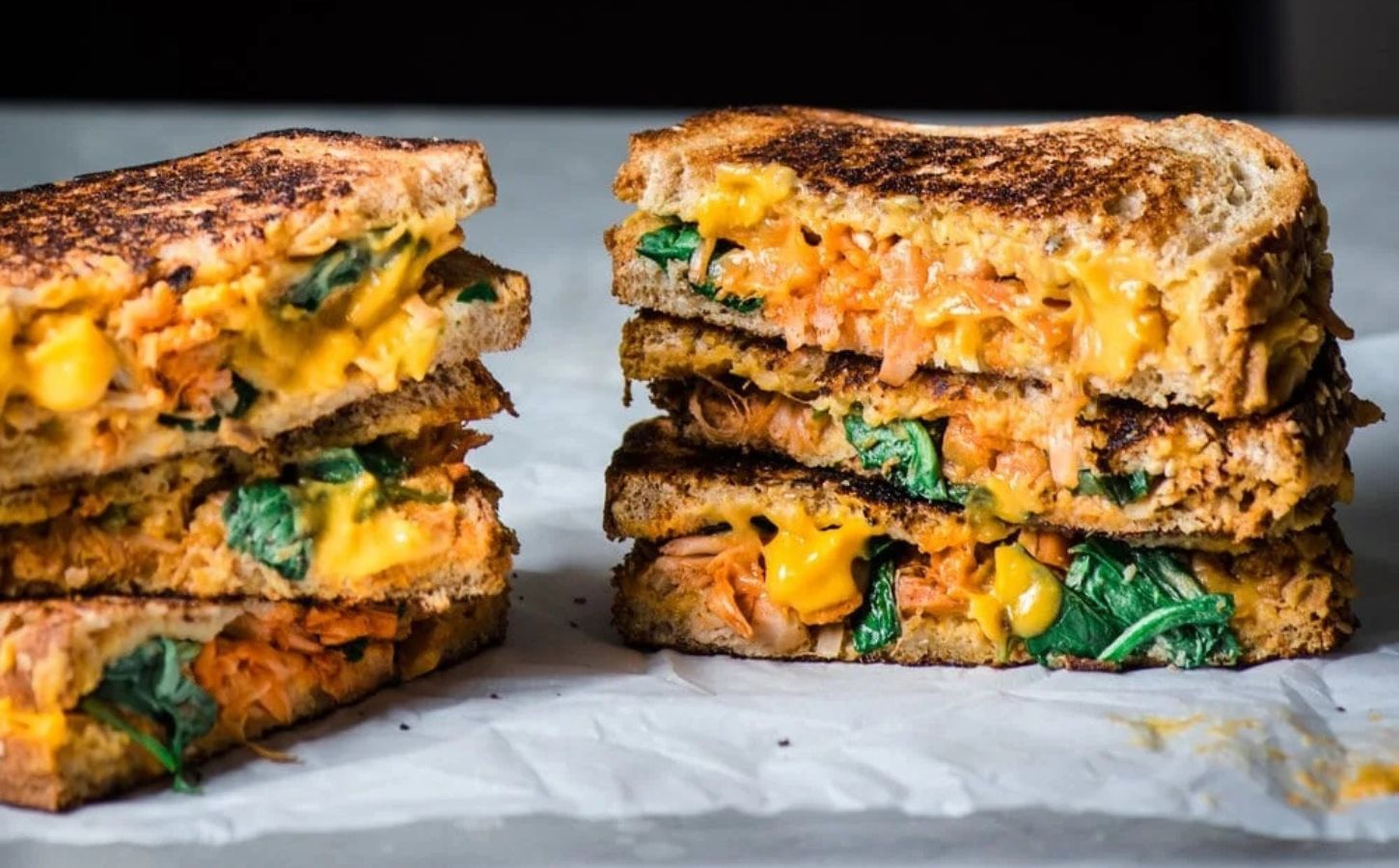 Vegan grilled cheese featuring jackfruit and nut-free vegan cheese sauce