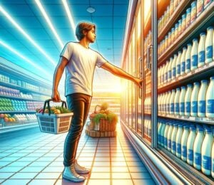 A cartoon AI-generated image of a young man buying whole milk from the supermarket