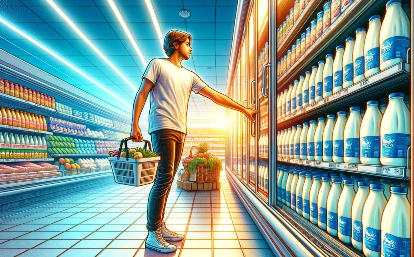 A cartoon AI-generated image of a young man buying whole milk from the supermarket