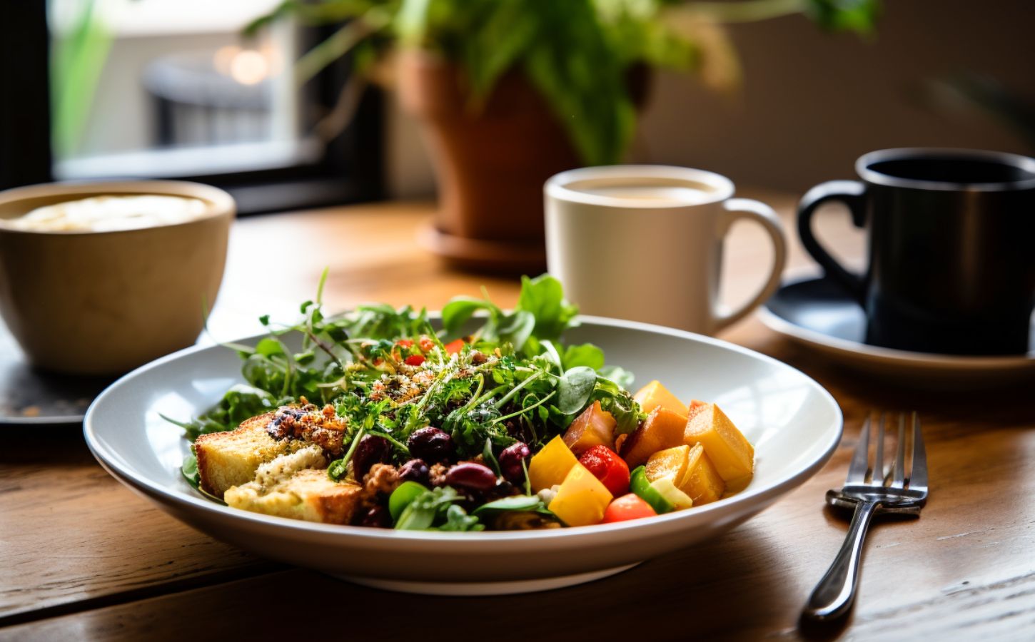 A vegan meal next to two cups of tea