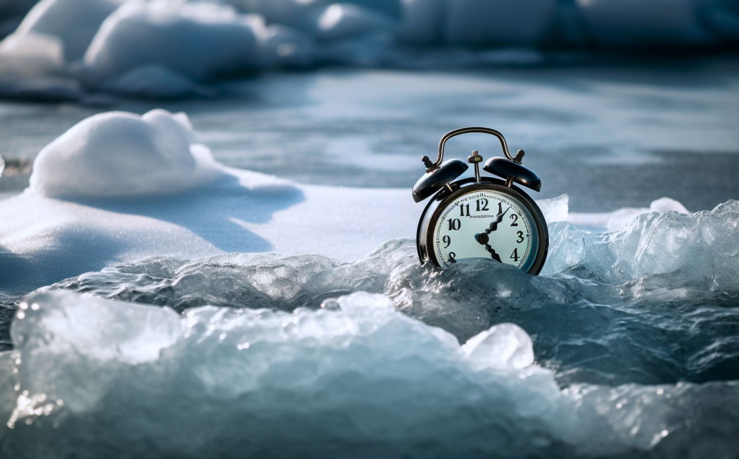 An alarm clock sitting in melting ice, a consequence of the human-driven climate crisis