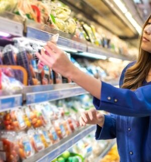 Photo shows a young Asian woman shopping amongst refrigerated supermarket shelves