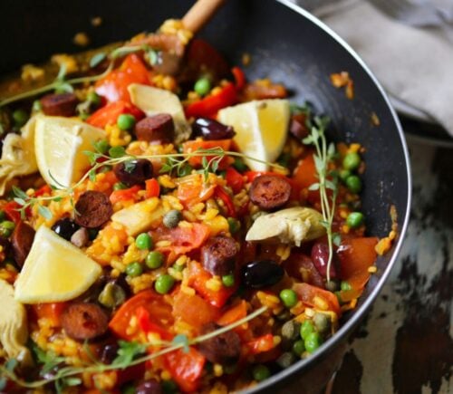 A vegetable paella made to a vegan, high fiber recipe