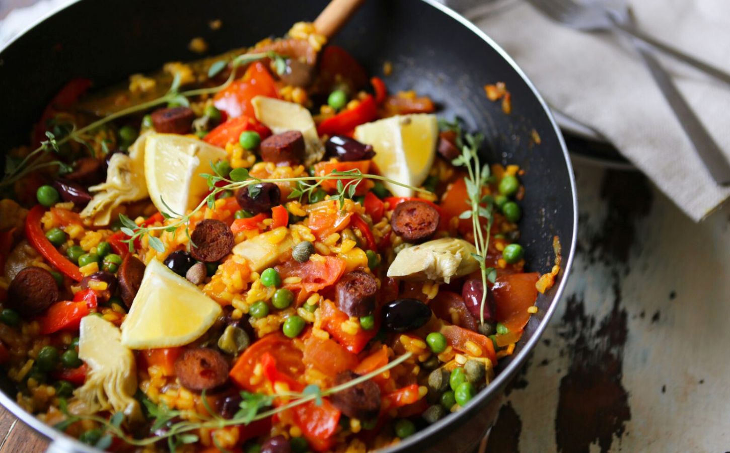 A vegetable paella made to a vegan, high fiber recipe