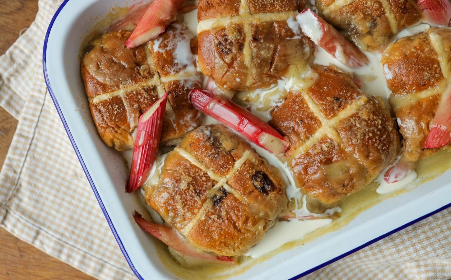 Vegan Easter hot cross bun bread and butter pudding recipe made with rhubarb and vegan custard