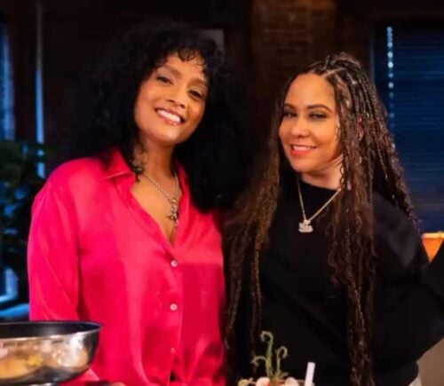 Angela Yee and Charlise Rookwood on the set of the Black Vegan Cooking Show