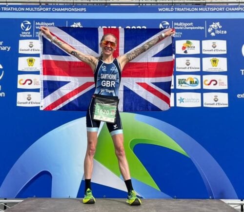 Vegan athlete, runner and cyclist Lisa Gawthorne, stood on the podium where she was crowned world duathlon champion