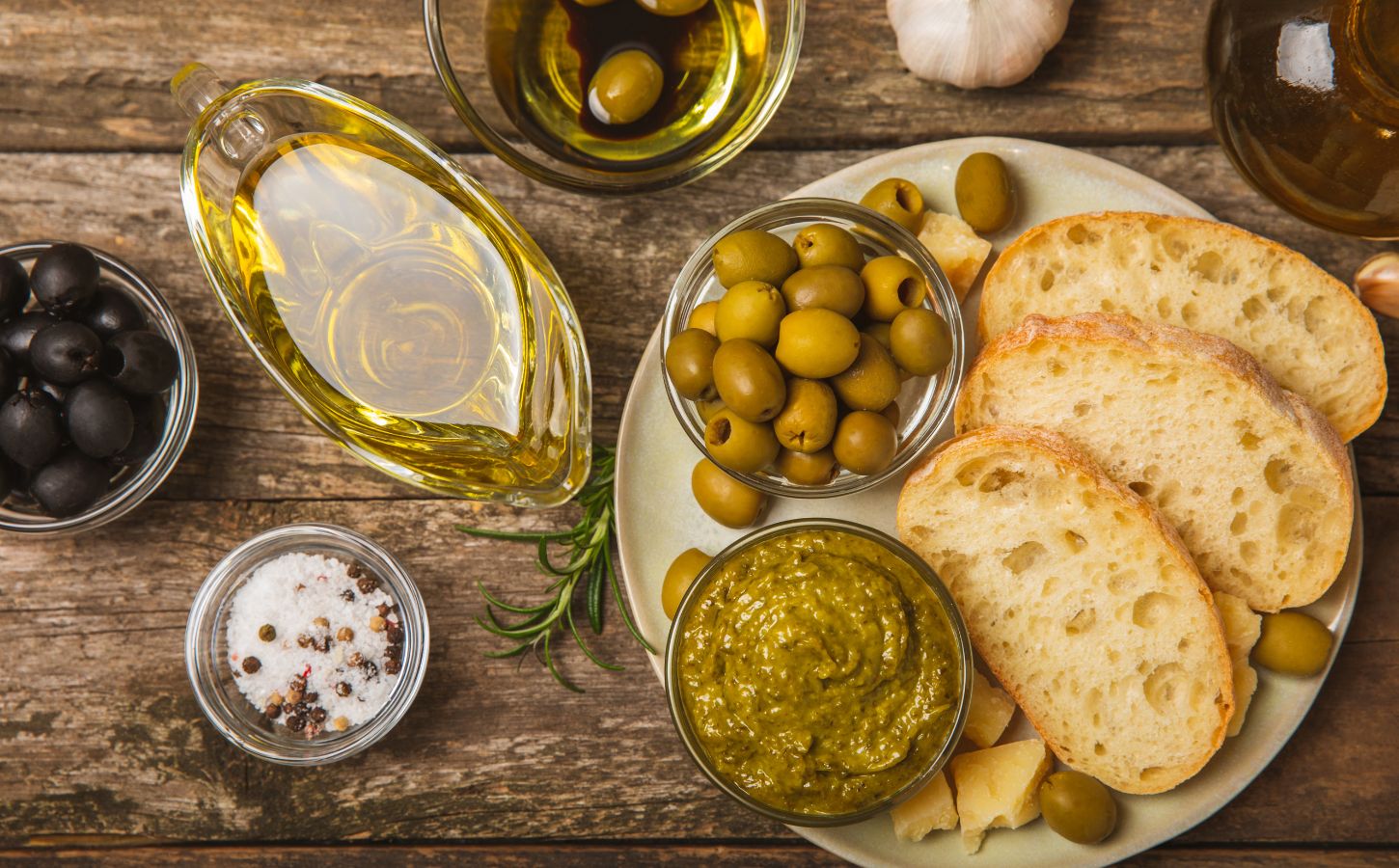 A selection of bread and olives, part of the Mediterranean diet