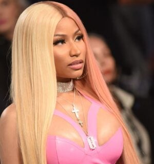 Singer Nicki Minaj in a pink dress on the red carpet