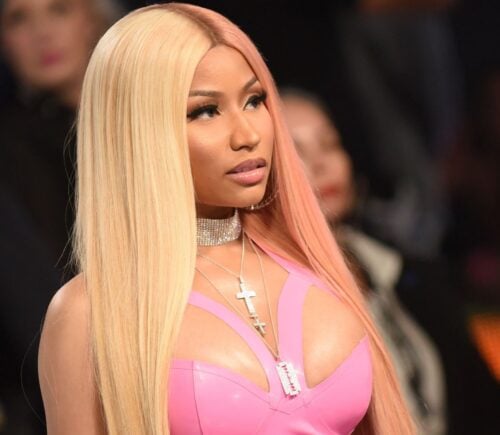 Singer Nicki Minaj in a pink dress on the red carpet