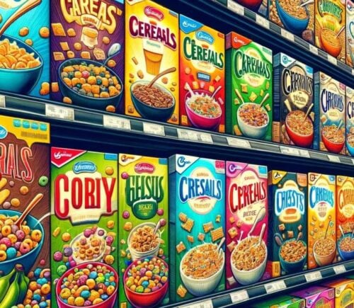 An AI-generated image of an assortment of colorful breakfast cereals on a supermarket shelf