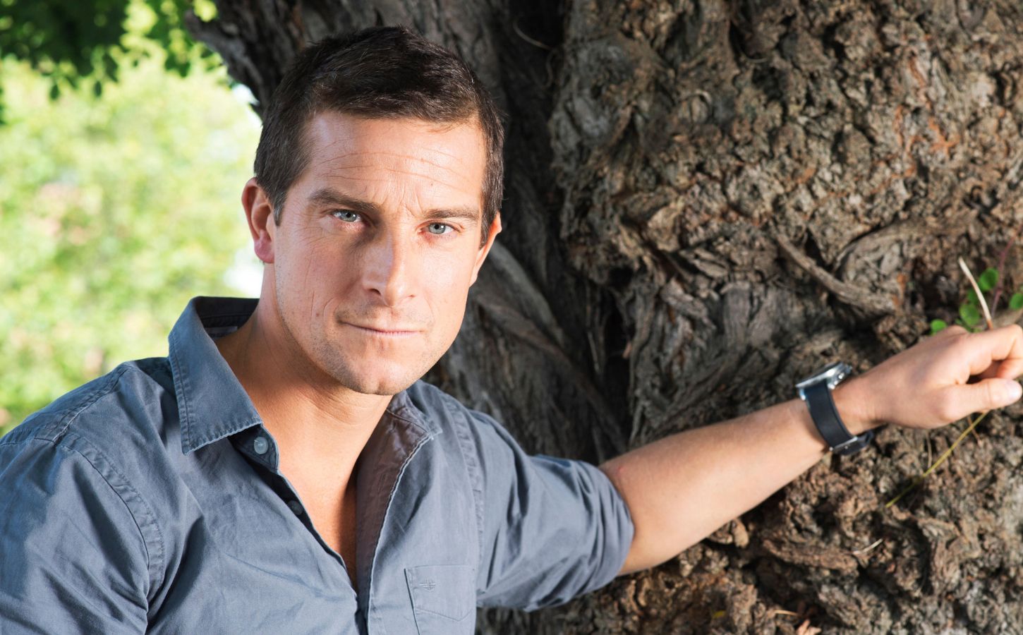 Bear Grylls, owner of an ancestral supplements brand that promotes the benefits of organ meat, resting his hand on a tree