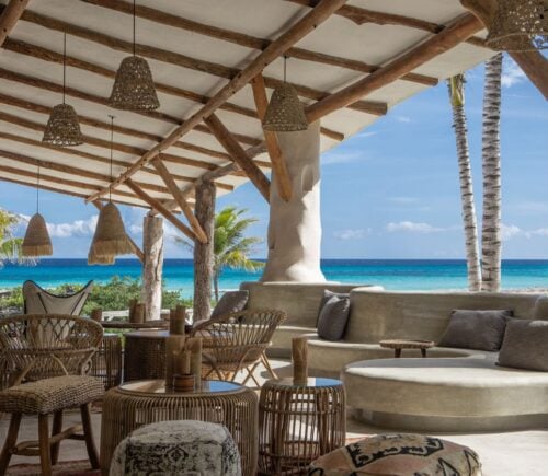 An outdoor restaurant by the beach at Palmaïa, Mexico