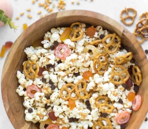 Peanut butter popcorn, a Halloween recipe containing pretzels, popcorn, and peanut butter