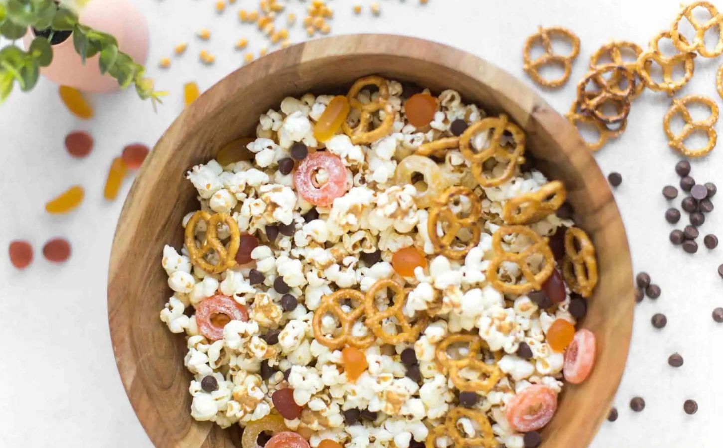 Peanut butter popcorn, a Halloween recipe containing pretzels, popcorn, and peanut butter