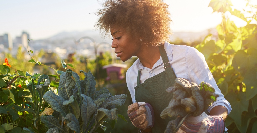 A woman outside tending to her plants in a communal urban garden