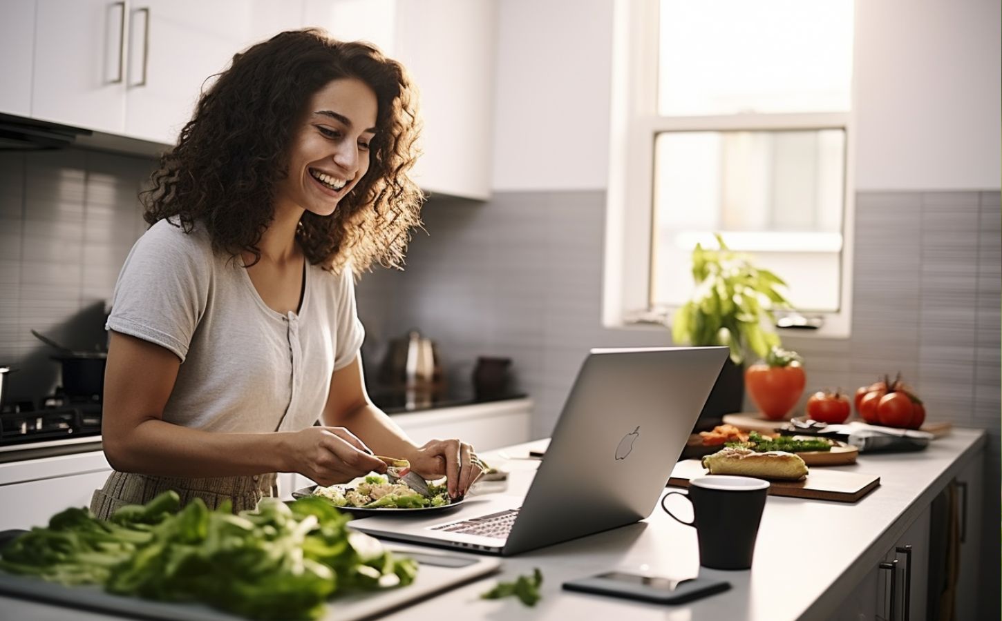 A woman smiling and cooking plant-based food while looking at her laptop