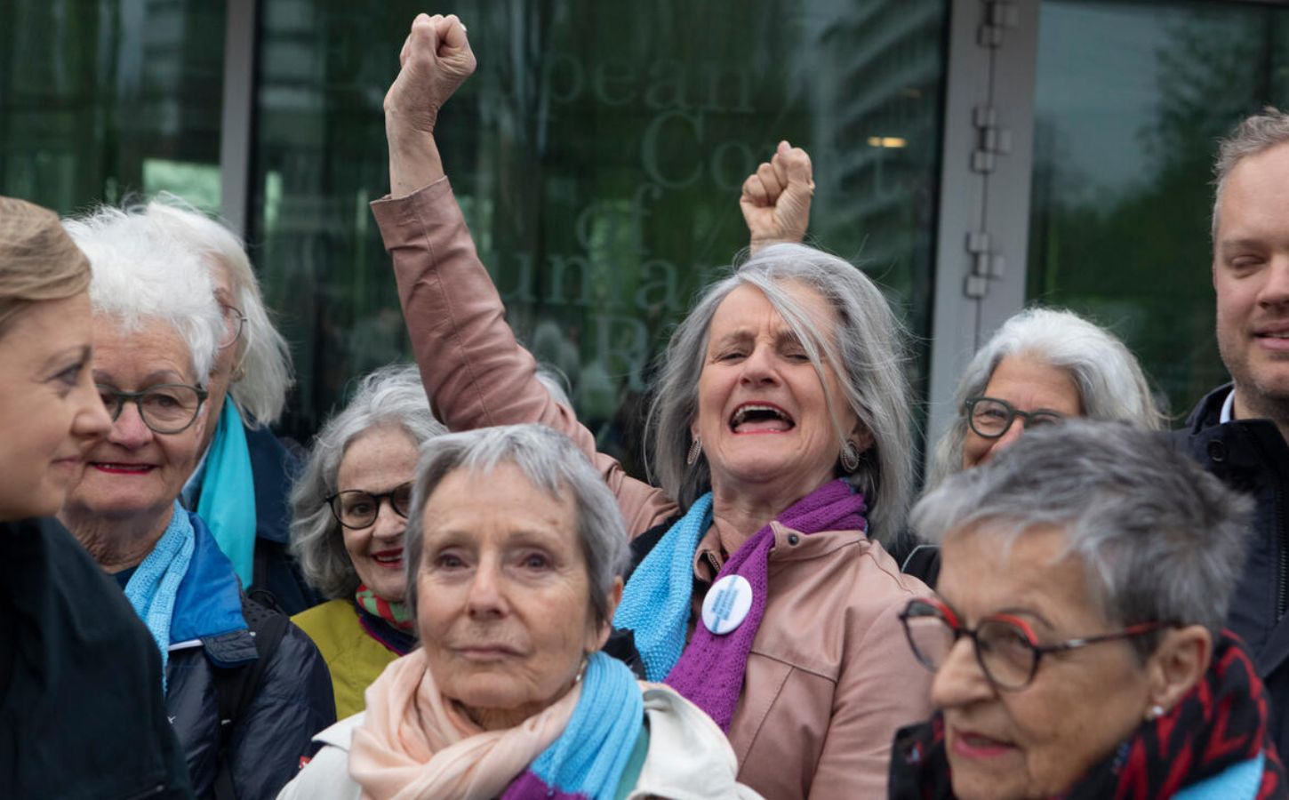 Photo shows the women of KlimaSeniorinnen celebrating their victory at the ECHR