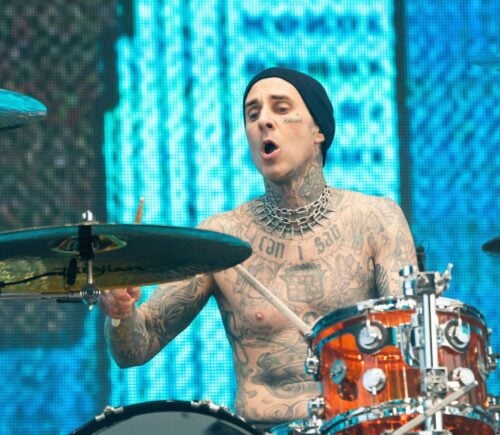 Travis Barker playing drums