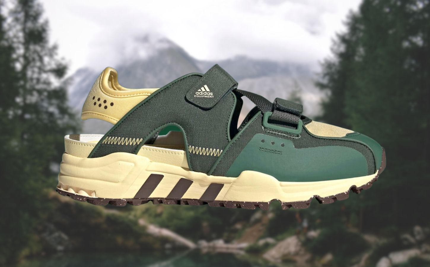 Adidas' new vegan Plant and Grow sandals, on a background depicting the outdoors and nature