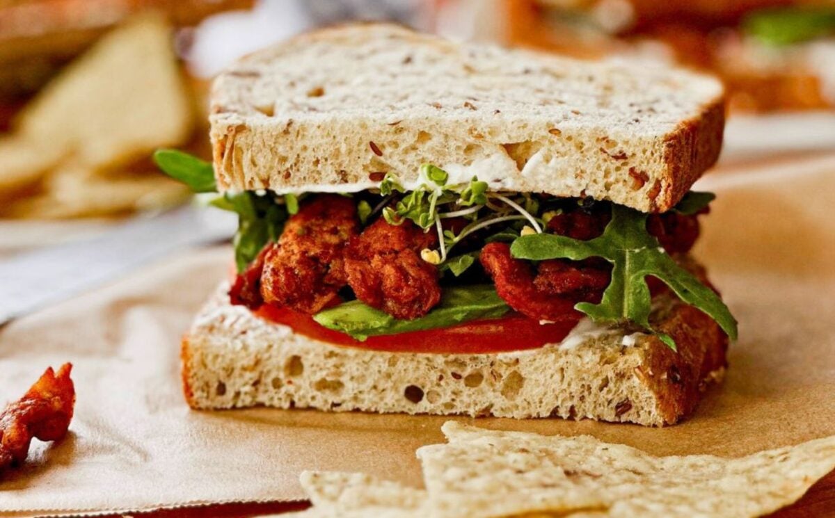 A vegan BLT sandwich made with a plant-based recipe