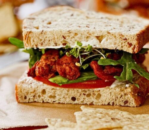 A vegan BLT sandwich made with a plant-based recipe