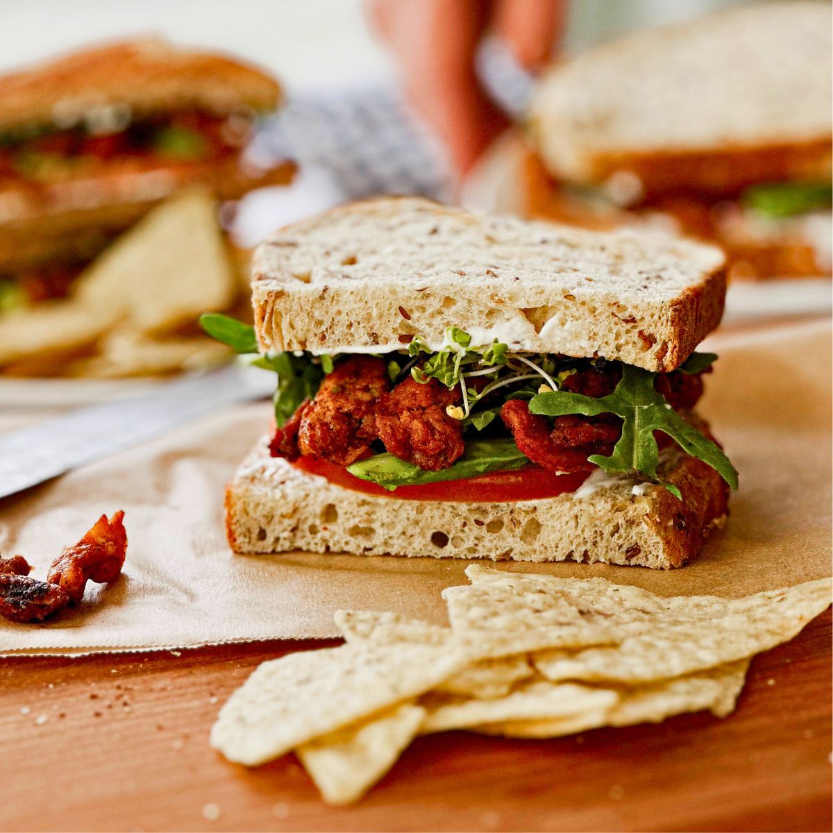 A vegan BLT sandwich made with a plant-based recipe