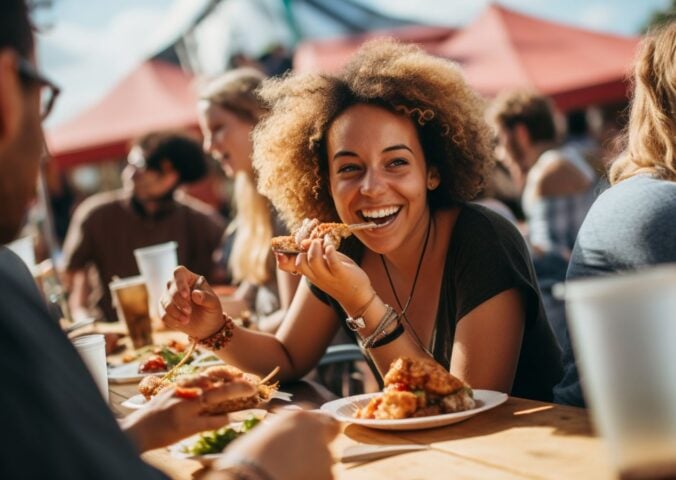 An AI-generated image of a woman eating vegan food at a festival