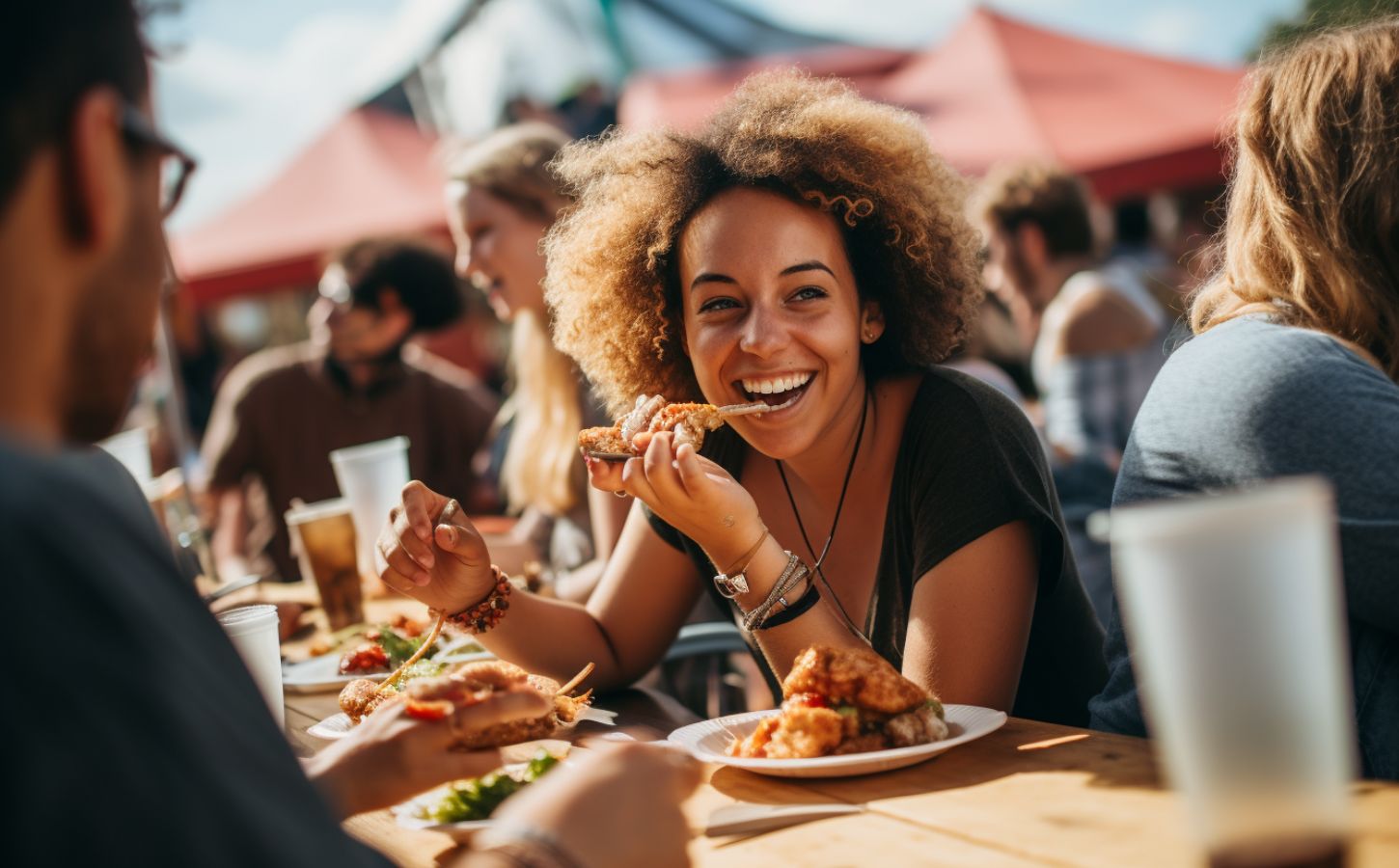 An AI-generated image of a woman eating vegan food at a festival