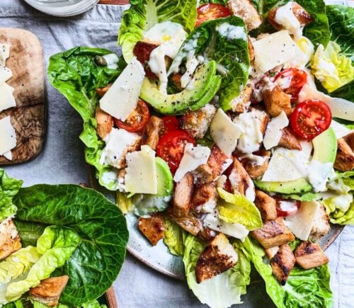 vegan caesar salad with vegan parmesan and homemade croutons