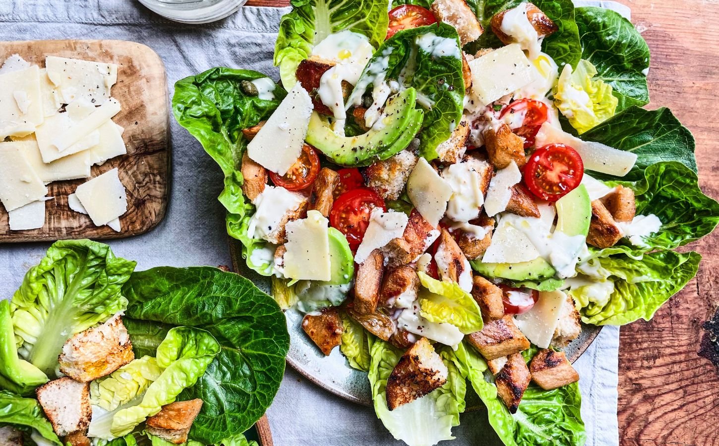 vegan caesar salad with vegan parmesan and homemade croutons