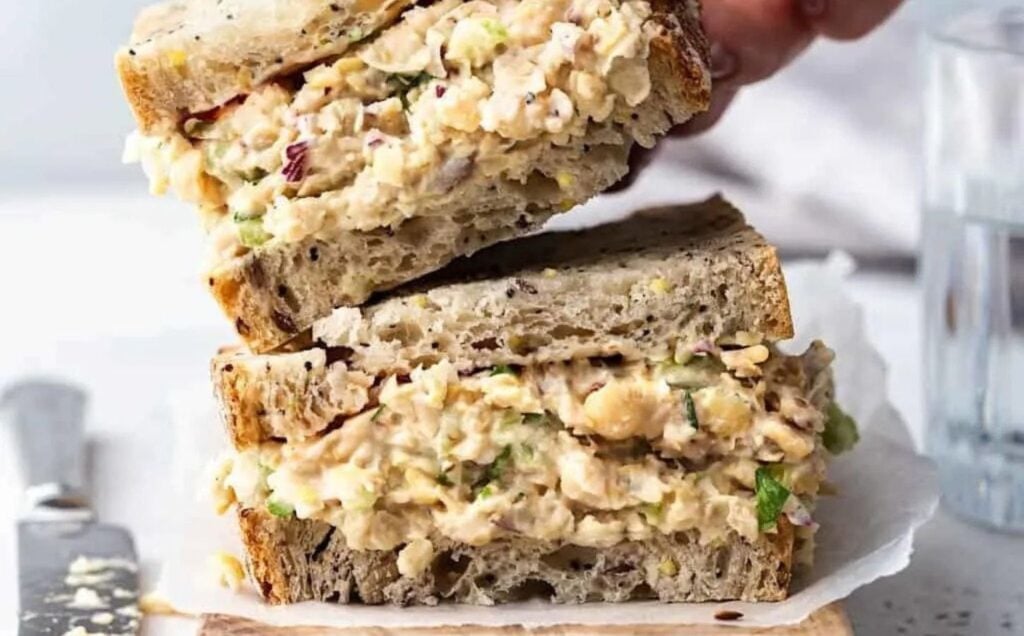 Vegan chickpea tuna mayo filling in a wholegrain sandwich