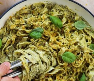 A vegan pasta dish, a plant-based fettuccine with pistachios