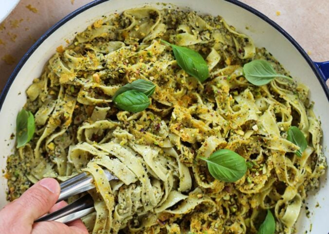 A vegan pasta dish, a plant-based fettuccine with pistachios