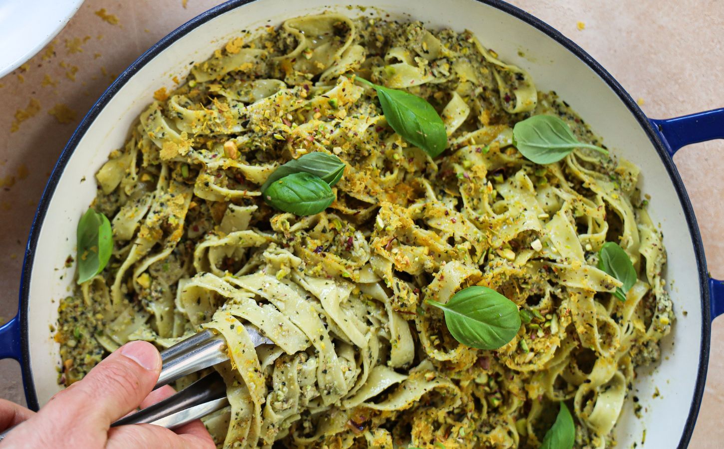 A vegan pasta dish, a plant-based fettuccine with pistachios