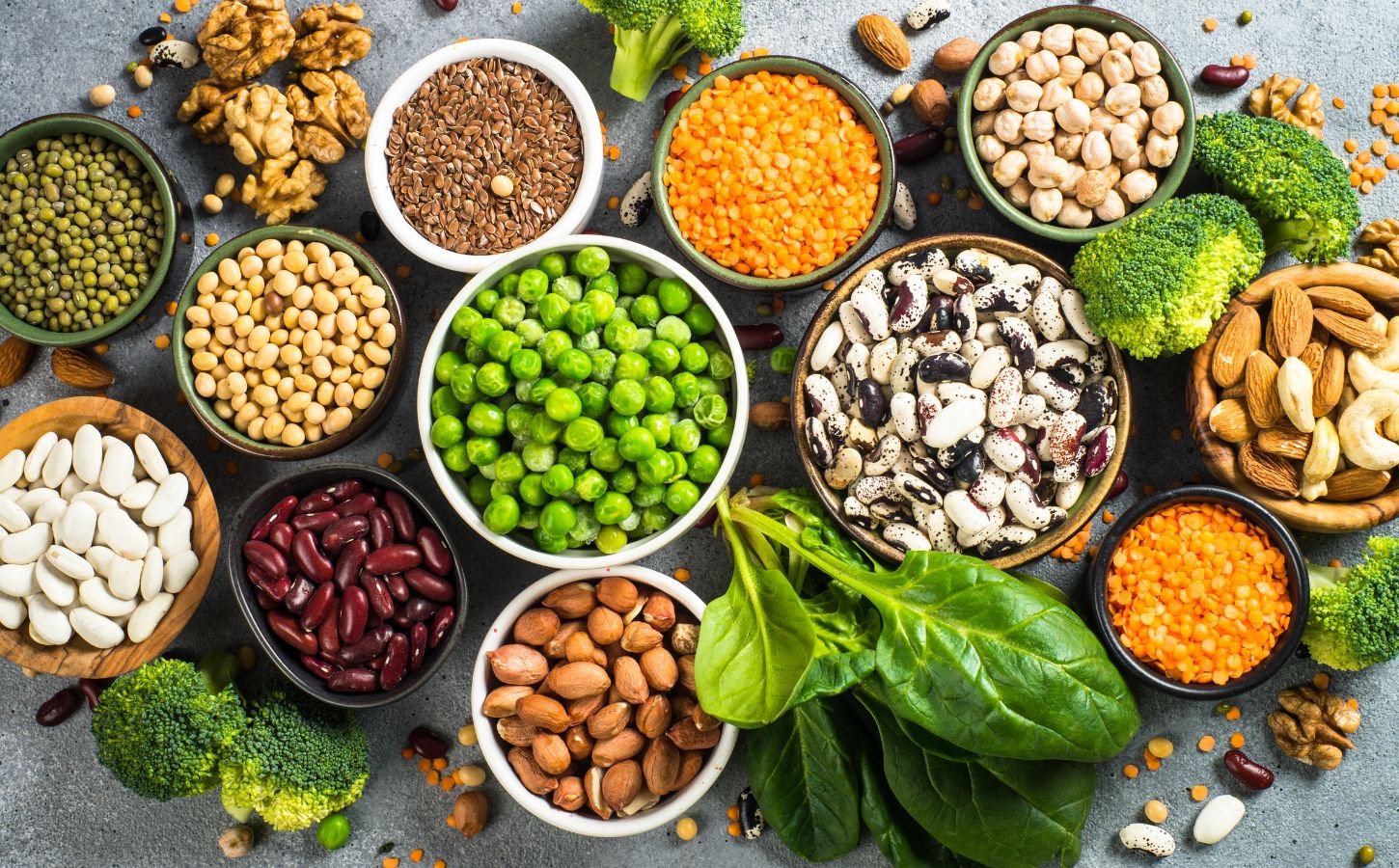 A selection of plant-based protein sources and high-protein foods