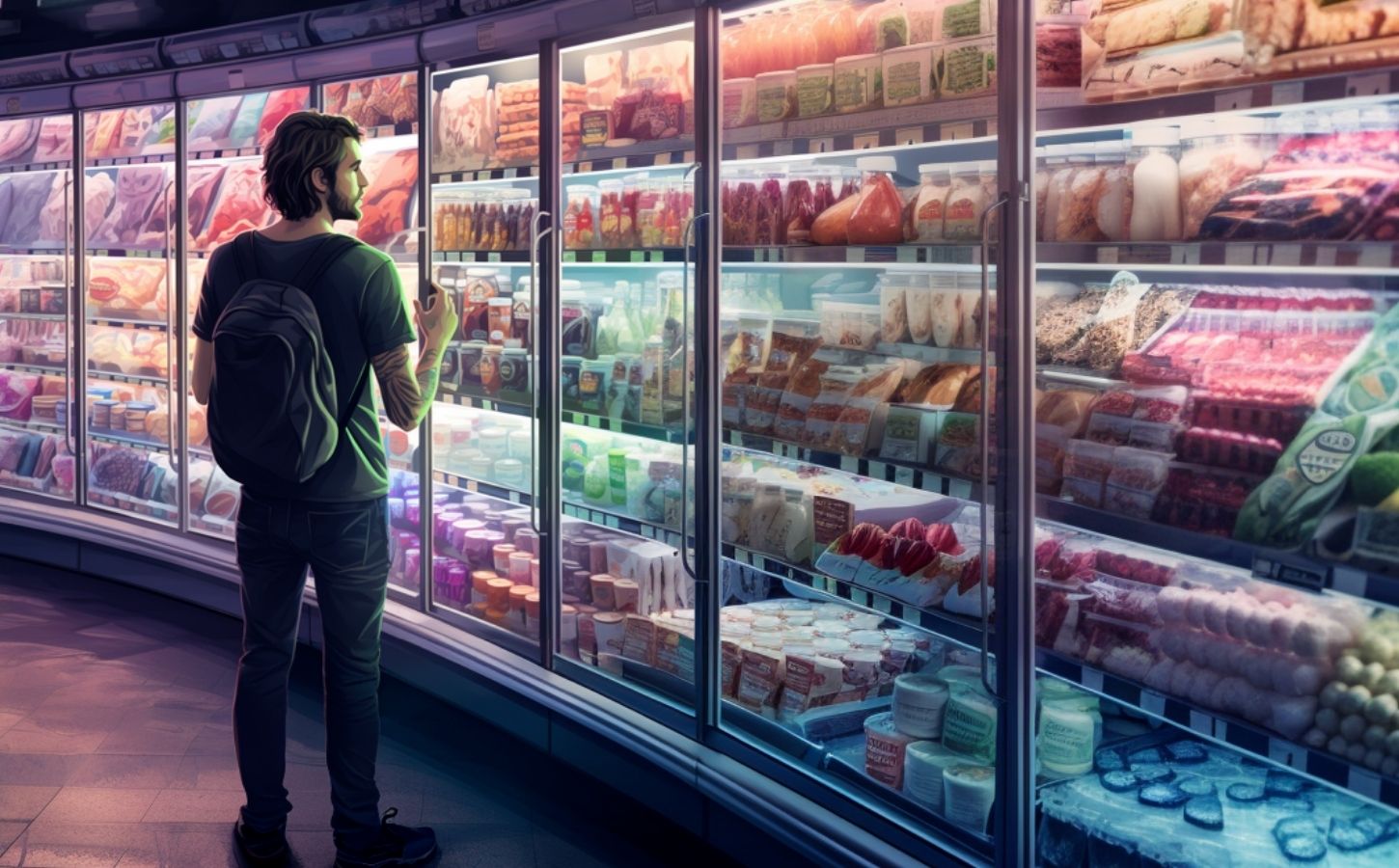 An AI art illustration of a man looking at meat in a supermarket