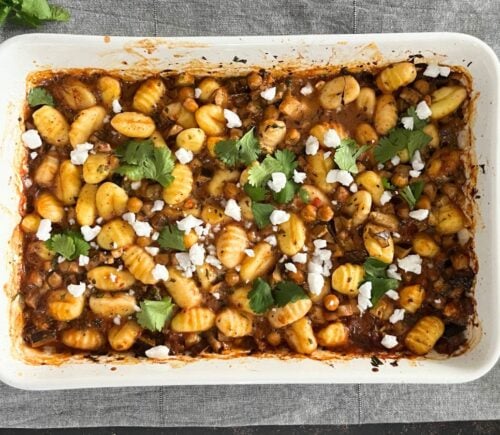 A vegan gnocchi recipe made with dairy-free feta